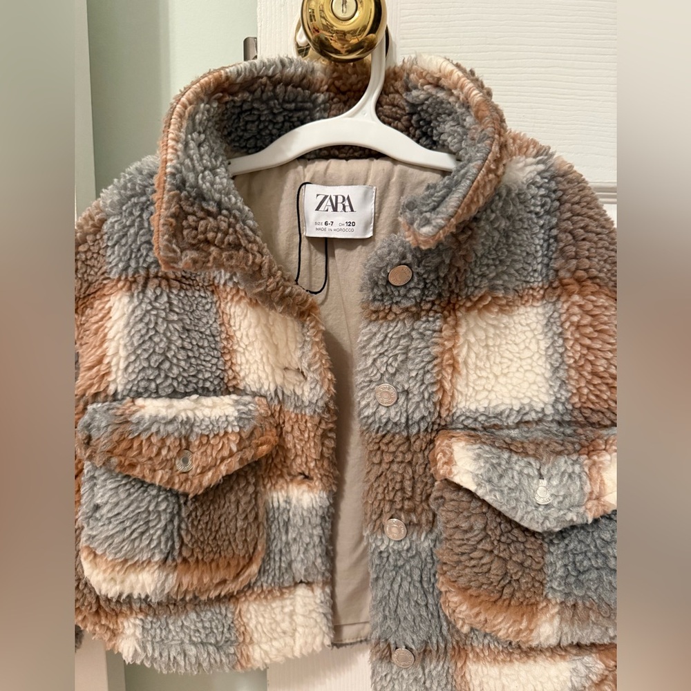Zara Kids Plaid Sherpa Jacket - Brown, Gray, Cream
